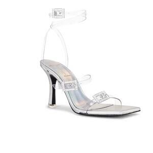 Black Suede Studio Women’s Liva Heel Strappy Sandal in Metallic Clear Size 7.5